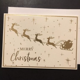 NEW Christmas Greeting Card Cream & Gold Santa Reindeer Sleigh Stars Snowflakes
