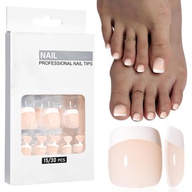 Virellay 32 Pieces Foot Nails for Gluing, French Natural Square Short Toenail Tips with Glue, Full Cover Toenails for Gluing for Women DIY (Nude French Short, 32 Pieces)