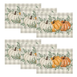 Artoid Mode - Juego de 6 manteles individuales de otoño con diseño de calabazas naranjas, hojas de eucalipto, 12 x 18 pulgadas, para decoración de fiesta, cocina, comedor