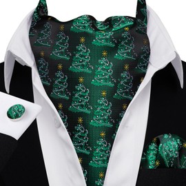 Barry.Wang Mens Christmas Ascot Tie Set Black Green White Xmas Tree Cravat Self Scarf Neckties Pocket Square Cufflinks Xmas Gift Party Holiday Festival