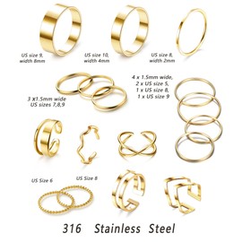 Kakonia 17Pcs Knuckle Rings for Women Silver/Gold Stainless Steel Plain Band Twist Open Rings Set Simple Stacking Midi Thumb Finger Rings