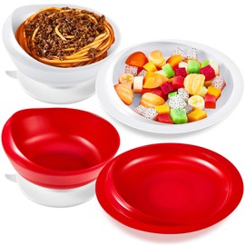 Hushee Adaptive Spill Proof Scoop Bowl and Plate Set with Suction Base Non Skid Self Feed Dinnerware for Elderly Disabled Handicapped from Parkinsons, Dementia, Stroke, Tremor(2 Sets,Red and White)