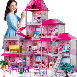JUKUDAHU 4-Story Villa Playset for Girls Ages 3-8 - 11 Rooms, 2 Dolls