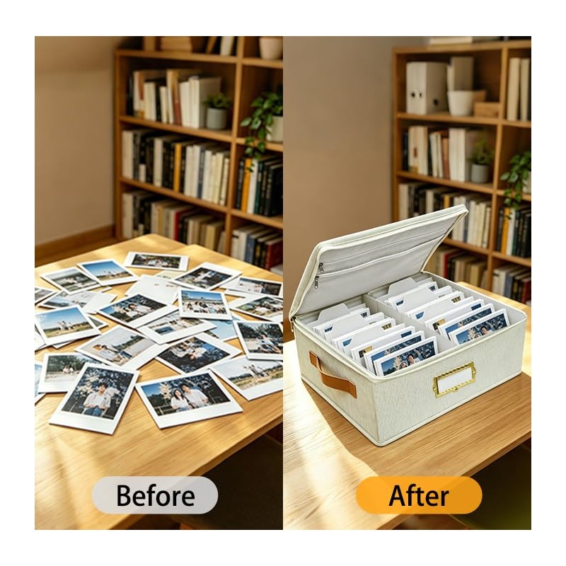 GINUMWA Photo Storage Box - Decorative Linen Organizer with Dividers