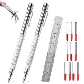 UESDU Anreissnadel Set, 2 Stück Wolframcarbid Stift mit 10 Stück Reißnadel Metall Ersatzspitzen und Stahllineal Anreißnadel Anreißwerkzeug für Glas, Keramik und Gehärteten
