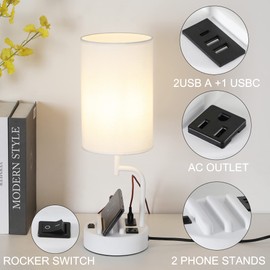Dreamholder Table Lamp with 3 USB Charging Ports, Modern Desk Lamp with AC Outlet and Phone Stands, Perfect Bedside Lamp for Bedroom, Living Room, Office (Pack of 2), White