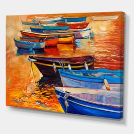 DesignQ Boats In The Harbor During Warm Colourd Sunset I Nautical & Coastal Canvas Wall Art