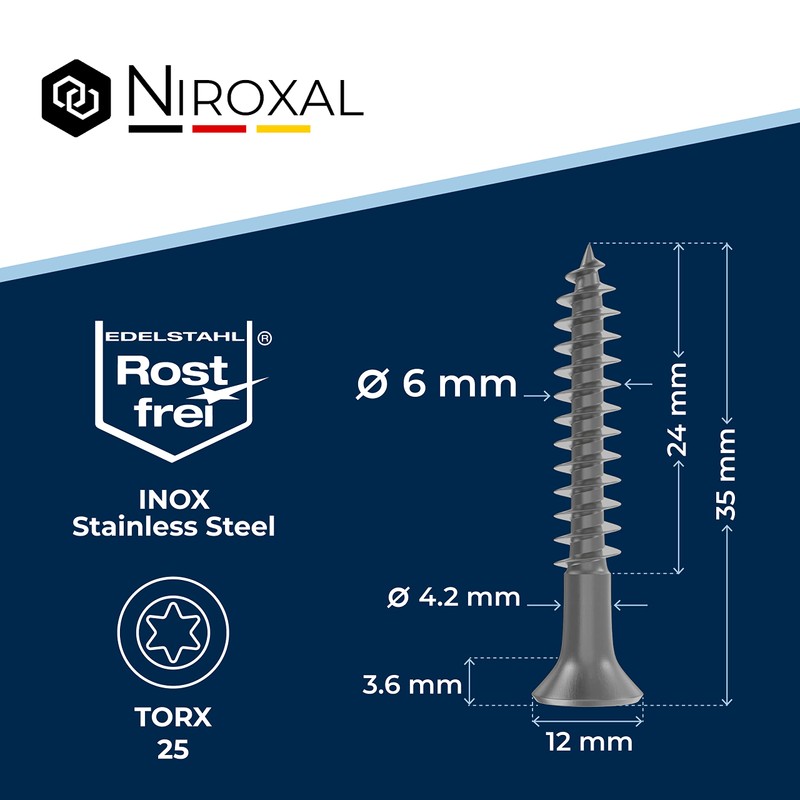 Stainless steel TORX countersunk head screw made of V2A 6-mm