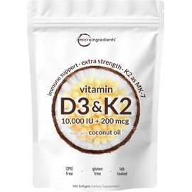 Micro Ingredients Vitamin D3 10,000 IU + K2 MK-7 200 mcg, 180 Softgels with Virgin Coconut Oil | 2-in-1 Vitamins D & K Complex | Extra Strength, Easy to Swallow, Non-GMO, Gluten Free