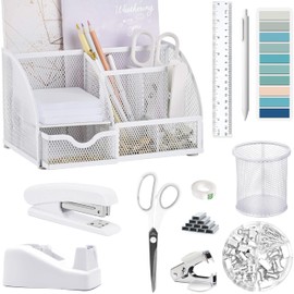 White Office Desk Accessories Supplies, 12pcs Desk Organizers and Accessories with Tape dispenser and Stapler,Staples,Staple Remover,Pen Holder,Scissor,Ruler,Sticky Tabs,Tape,Ballpoint Pen,Clips Set
