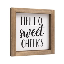 flangairy Hello Sweet Cheeks Bathroom Sign Decor, 6 x 6 Inch Rustic Wooden Famed Bathroom Wall Art Decor for Guest Toilet Restroom Home Table Shelf