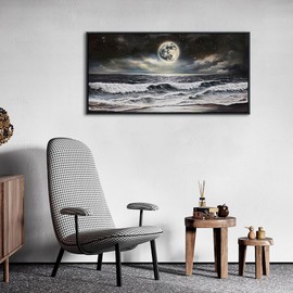 QZQCBLC Black and White Wall Art, Sea Beach Pictures Moon Starry Clouds Ocean Scene Framed Canvas Paintings Artwork for Living room Bathroom Bedroom Home Office Wall Pictures Decor 20x40 IN