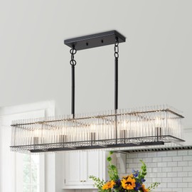 Lanhall 5-Light Modern Crystal Chandelier Luxury Black Dining Room Light Fixture Over Table Rectangle Farmhouse Hanging Pendant Lighting for Living Room, Kitchen Island Ceiling Lights