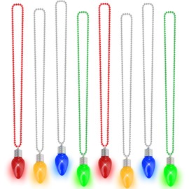 8pcs Christmas Bead Necklace, Light up Christmas Necklace Bulb Pendant, Xmas Necklaces Accessories Bulk Green Yellow Red Blue, Light Christmas Necklaces for Xmas Ugly Sweater New Year Party Supplies