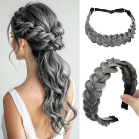 CJL HAIR 2PCs Braided Headbands Hair Piece for Women Synthetic Hair Hoops Head Bands Handmade Braid Hairband Accessories Elastic Stretch Headwrap for Girl Dark Grey