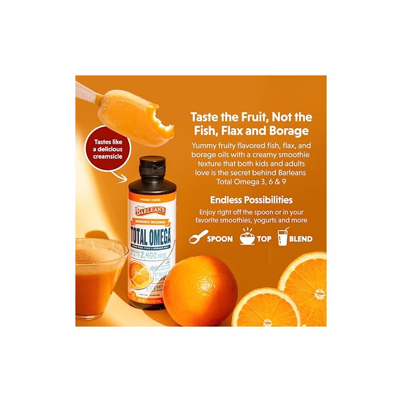 Barlean’s Seriously Delicious Total Omega, Orange Crème, 8-oz