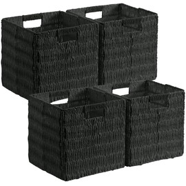 Ornavo Home Wicker Storage Cubes Bin, 10.5 Inch Storage Shelf Basket Collapsible Natural Hand Woven Paper Storage Cube Bin with Handles - Set of 4, Black