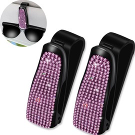 NATUTENT 2 Pack Bling Rhinestones Sunglass Holder for Car Sun Visor, Car Eyeglasses Sunglass Hanger Mount with Ticket Card Clip for Women Girls(Pink)