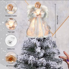 mumisuto Christmas Angel Tree Topper Decorations 12.6inch Exquisite Christmas Tree Fairy Topper Decorations With Feather Wings Light Up Fairy Topper Treetop for Christmas Xmas Tree Topper Decoration