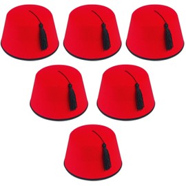 6 x Red Fez Hats – Fancy Dress Costume Accessories for Adults – Tommy Cooper, Turkish, Moroccan & Magician Style Hat with Black Tassel – Unisex Adult for Men & Women – Bulk Pack for Group Costumes