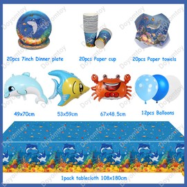 Sea Animals Birthday Decoration, Doyomtoy 76 Pieces Ocean Party Tableware Set Baby Shower Plates Cups Napkins Balloons Ocean Birthday for Children Birthday Ocean Baby Shower Decoration