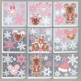 9Sheets Pink Christmas Window Clings Gingerbread Christmas Decorations Ginger Bread Man Mouse Castle Snowflake Xmas Decor Merry Christmas Decals for Office Home Winter New Year Hotel Decorations
