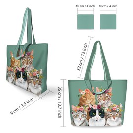 NymphFable 2 Pack Tote Bag Reusable Cute Cats Green Shopping Bags Washable Foldable Polyester Grocery Bags