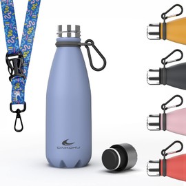 Daikoku Stainless Steel Bottle + Adjustable Strap + Carabiner, BPA Free Double Walled Thermos Flask, Reusable Water Bottle, Airtight Cap, Blue, Capacity 500 ml