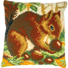 Vervaco Cross Stitch Kit Decorative Cushion Squirrel Crafts Adults Decoration Embroidery Kit Beginners Complete DIY Embroidery Creative Gift ca. 40x40cm Cross Stitch Embroidery