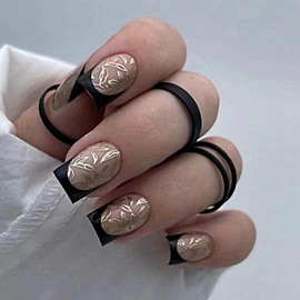 Black French Tip Press on Nails Medium Square Fake Nails with Gold Leaf Designs Full Cover Coffin False Nails Black Nail Tips Glue on Nails Artificial Acrylic Nails for Women Daily Wear 24Pcs