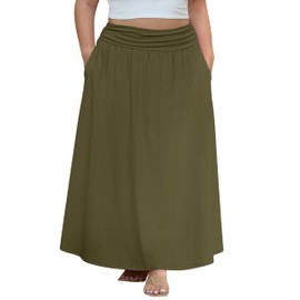 OLRIK Maxi Skirt Plus Size Boho Maxi Skirt Elastic High Waist Pleated Ruffle Flowy Long Skirts Army Green-2X