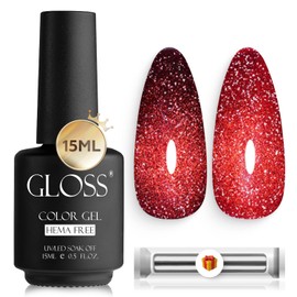 GLOSS Cat Eye Gel Nail Polish | Red 15ml Hema-Free Holographic Glitter gel Varnish, Ruby Flame nail polish with magnet, Nail Art DIY at Home, Gifts for Woman