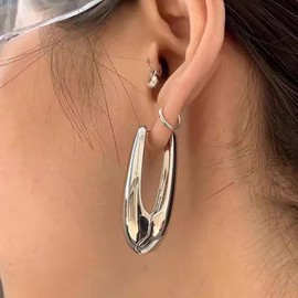 TseenYi Boho Chunky Lightweight Hoop Earrings Thick Silver Hoop Earrings Post Chunky Hoop earrings Vintage U Shape Huggie Hoop Earrings Exaggerated Circle Hoop Earrings
