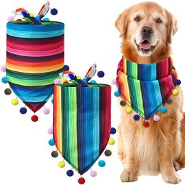 Cosblank 2 Pcs Mexican Dog Bandana Multicolor Cinco De Mayo Fiesta Cat Bandana Summer Mexican Dog Triangle Bib with Pom Poms for Cat Small Medium Dog