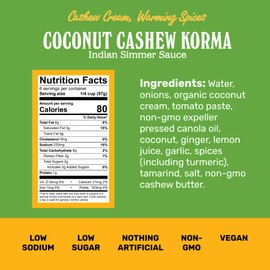 Brooklyn Delhi - Coconut Cashew Korma - Indian Simmer Sauce with Cashew Cream and Warming Spices - Mild Enough for a Kid, Flavorful for a Foodie - Vegan, Nothing Artificial - 12oz