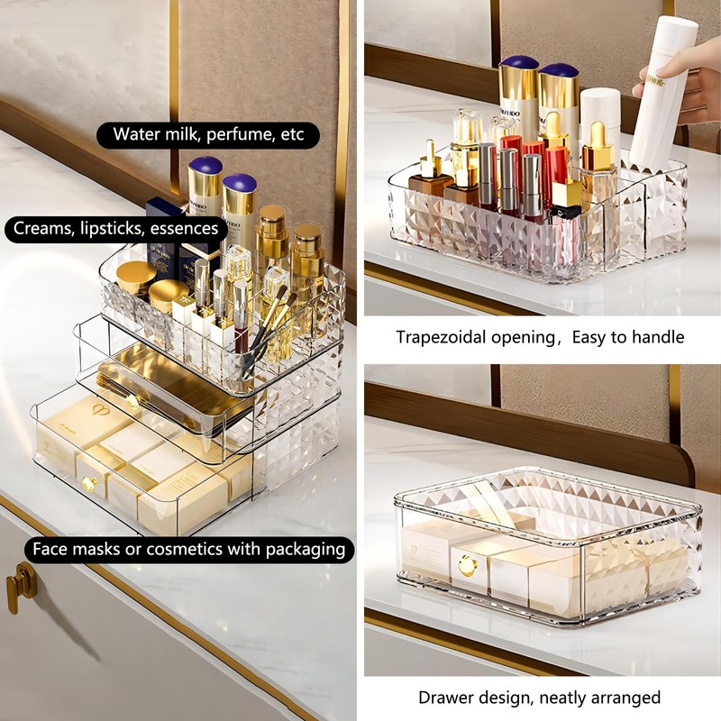 DASITON Makeup Organizer with Drawe,11 Slots Stackable Storage Drawers,Diamond pattern