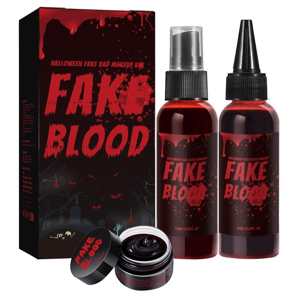 Halloween Fake Blood Makeup Set, Dark Red, 3-Piece Kit with