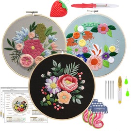 Embroidery Kits for Beginners/Adults, Includes Craft Stamps with Colorful Floral Patterns, Include Embroidery Hoops, Scissor, Colored Thread and Needle