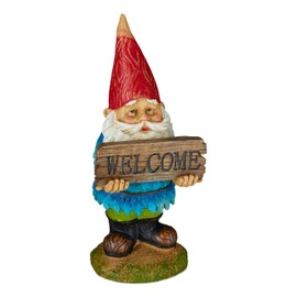 Relaxdays Garden Gnome "Welcome" Weatherproof Artificial Stone Garden Front Door & Bed Classic Design Garden Figurine Colourful