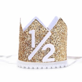 Alainzeo Half Birthday Party Crown, 1/2 Golden Birthday Party Hat for Baby Girl or Boy, Glitter Crown hat for 6 Month baby Birthday Decoration, Party Photo Prop, Glitter Golden