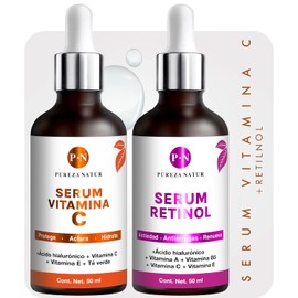 PUREZA NATUR pack Serum Vitamina C + Ácido hialurónico facial + Vitamina E + Suero Retinol con vitaminas anti edad hidratante para la cara y piel + Te verde (Serum Vit C + Serum Retinol)