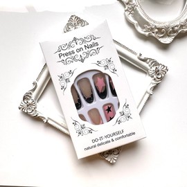 Almond Press on Nails Medium Length Fake Nails French Tip False Nails with Black White Pink Stars Crocodile Print Designs Black White Nail Tips Acrylic Nails Glossy Stick on Nails for Women Girls