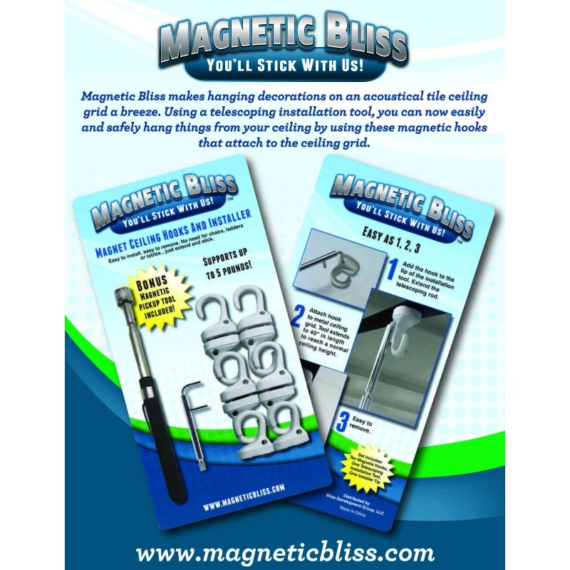 Magnetic Bliss Acoustical Tile Ceiling Hooks and Installation Tool