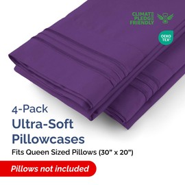 Queen Pillow Cases Set of 4 - Ultra Soft Hotel Quality Pillowcase Covers - Luxury Comfy Bedding for Women, Men, Kids and Teens - Machine Washable Pillow Protectors - 4 Pieces Set - Queen Size Purple