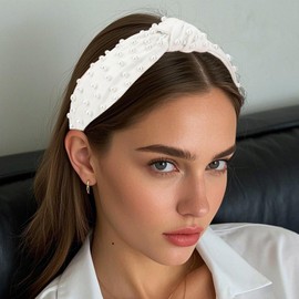 YISSION Pearl Knotted Headband for Women Non Slip Leather Beaded Headbands for women Wide Jeweled Embellished Hairband White Headband Hair Accessories for Women Girls (White Pearl)