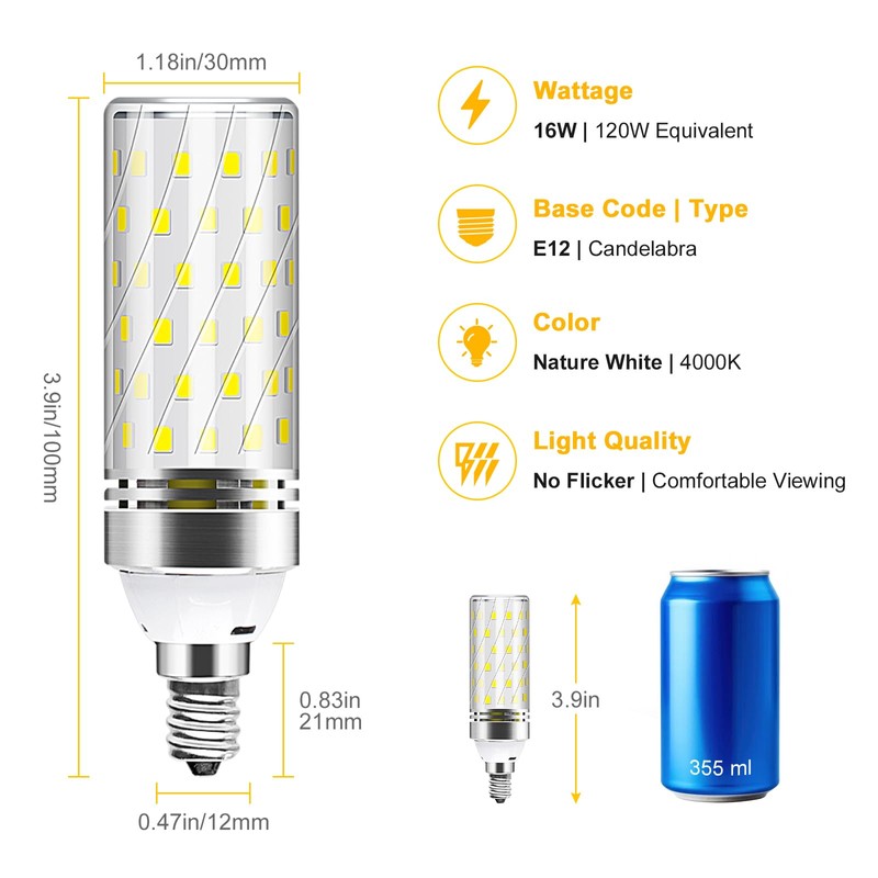 E12 LED Bulb, 4000K Nature White Light Bulbs, 16W 1500LM