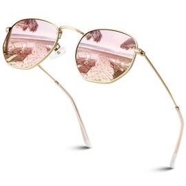 Sunier Sunglasses Women Men Polarised Fashion Apace Polygon Sunglasses Women, Ultralight Hexagonal Metal Frame 100% UV400 Protection, Gold frame pink mirrored lens