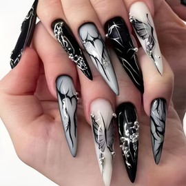 Stiletto Press on Nails Black Fake Nails with Heart Butterfly Designs Dark Cool Stick on Nails Long Almond Acrylic Nails Glossy Glue on Nails Punk Style False Nails for Coquette Women 24 Pcs