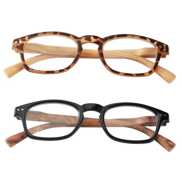 Reading Glasses with Wood Grain Bows, 2 Pair - Magnification