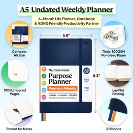 Purpose Planner Notebook A5 5.8”x8.3” Undated 2026 Daily Weekly and Monthly Productivity Goal Setting Tool for Work Home ADHD Planner for Adults Self Care Journal (Navy Hardcover)